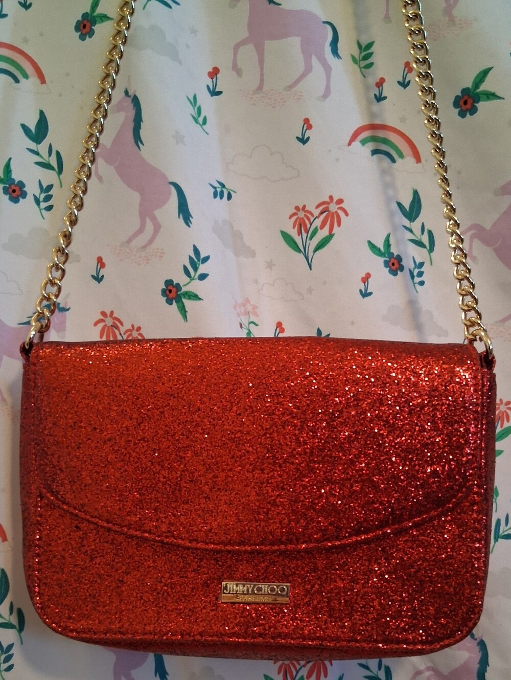 NWOT Jimmy Choo Parfums Red Sparkle Bling Casual Everyday Crossbody Purse Bag